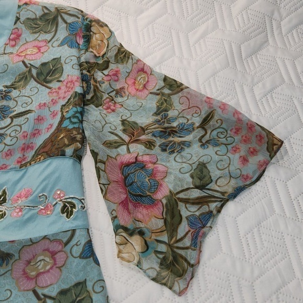 Silkland blouse women Y2K Vtg Floral Tie Embellished Belt Romantic Fairy med. - Picture 5 of 16
